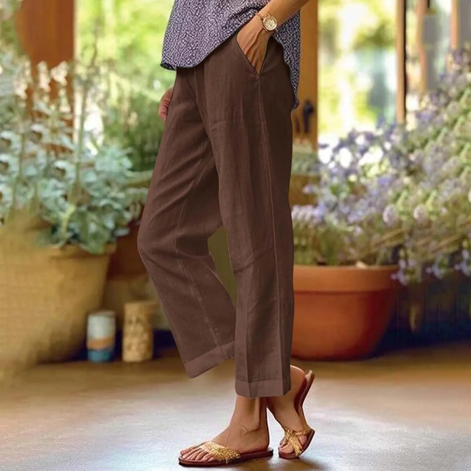 Cropped Linen Pants Women Summer Elastic Waist Straight Leg Plus Size Crop Pants Casual Beach Palazzo Trousers with Pockets