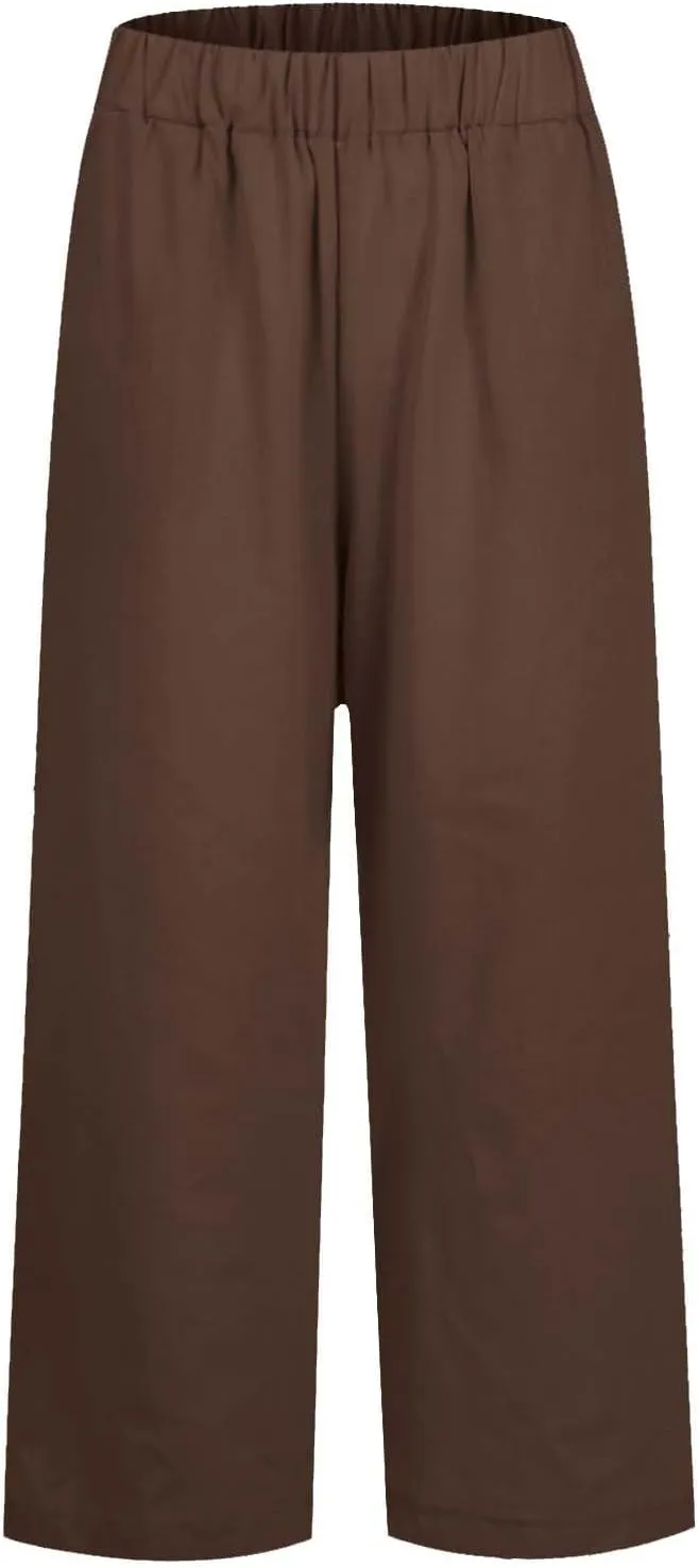 Cropped Linen Pants Women Summer Elastic Waist Straight Leg Plus Size Crop Pants Casual Beach Palazzo Trousers with Pockets