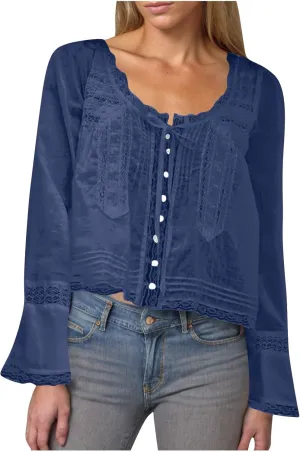 Cute Boho Lace Trim Shirts Women Summer Button Down Beach Crop Tops Casual Long Sleeve Tie Front Neck Y2k Clothes