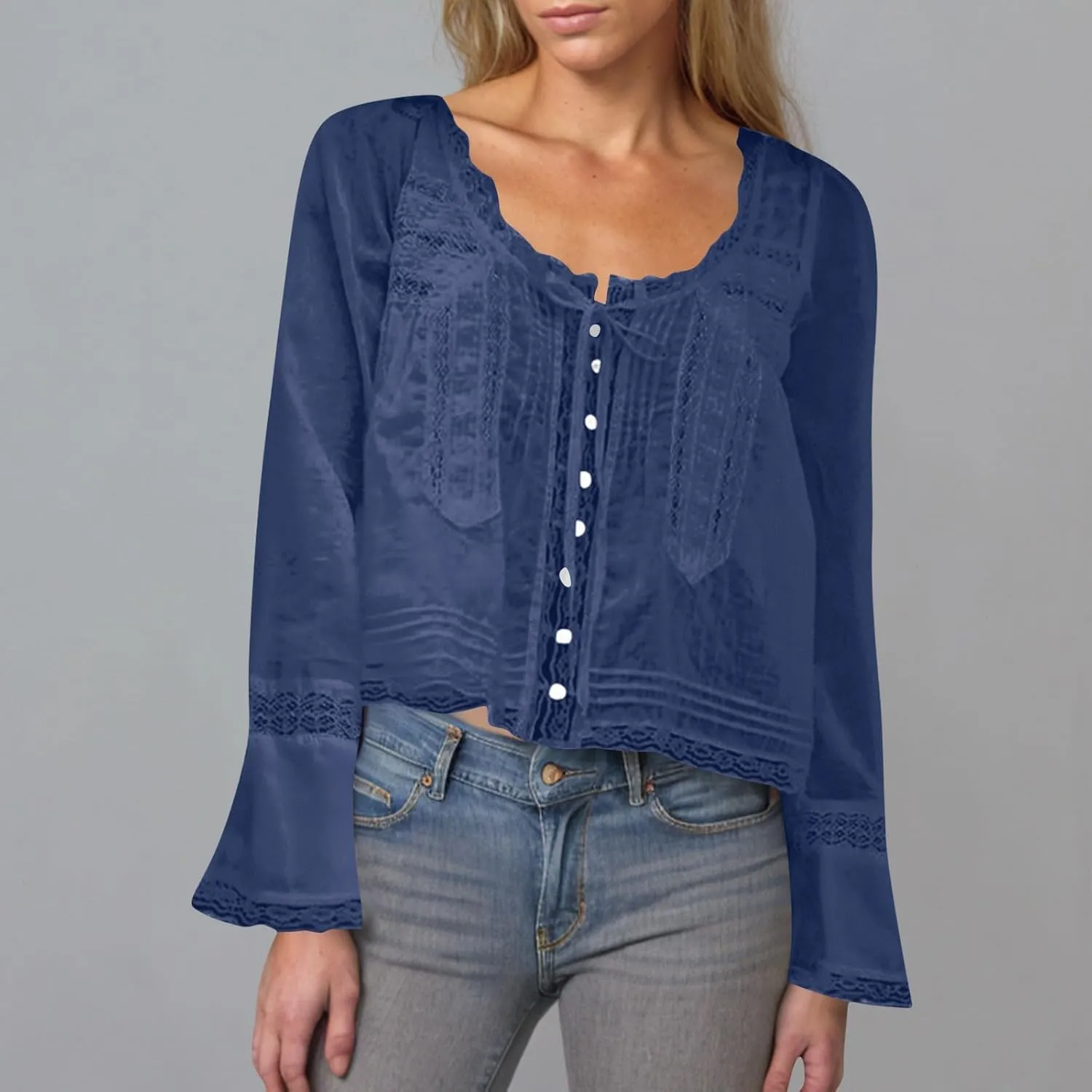 Cute Boho Lace Trim Shirts Women Summer Button Down Beach Crop Tops Casual Long Sleeve Tie Front Neck Y2k Clothes