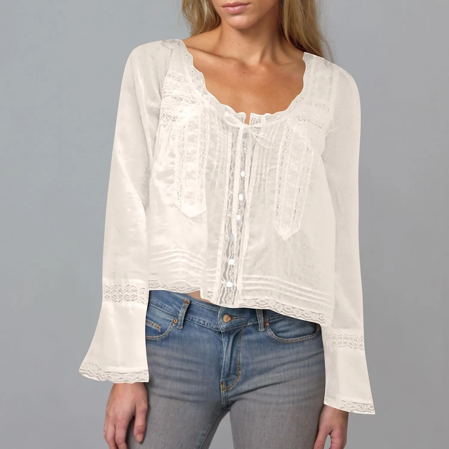 Cute Boho Lace Trim Shirts Women Summer Button Down Beach Crop Tops Casual Long Sleeve Tie Front Neck Y2k Clothes