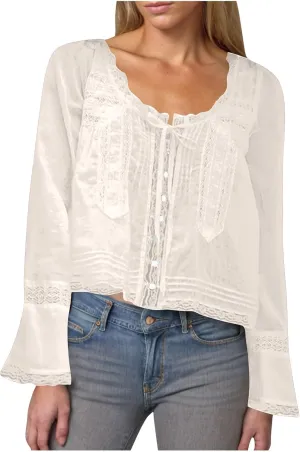 Cute Boho Lace Trim Shirts Women Summer Button Down Beach Crop Tops Casual Long Sleeve Tie Front Neck Y2k Clothes