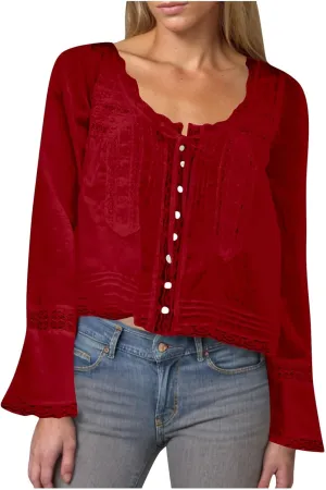 Cute Boho Lace Trim Shirts Women Summer Button Down Beach Crop Tops Casual Long Sleeve Tie Front Neck Y2k Clothes
