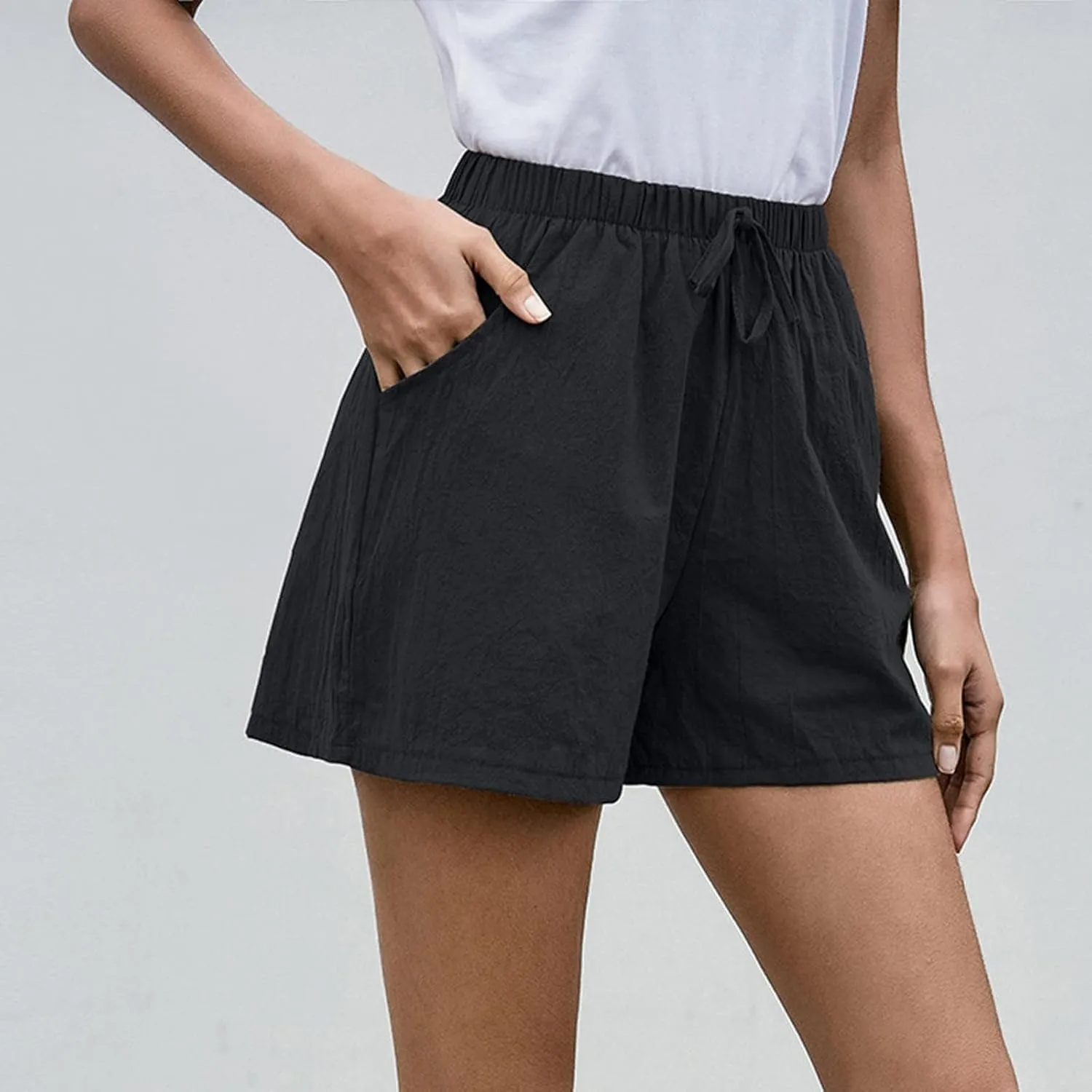 DASAYO Linen Shorts for Women Summer Drawstring Elastic High Waisted Short with Pockets Solid Color Lightweight Beach Pants
