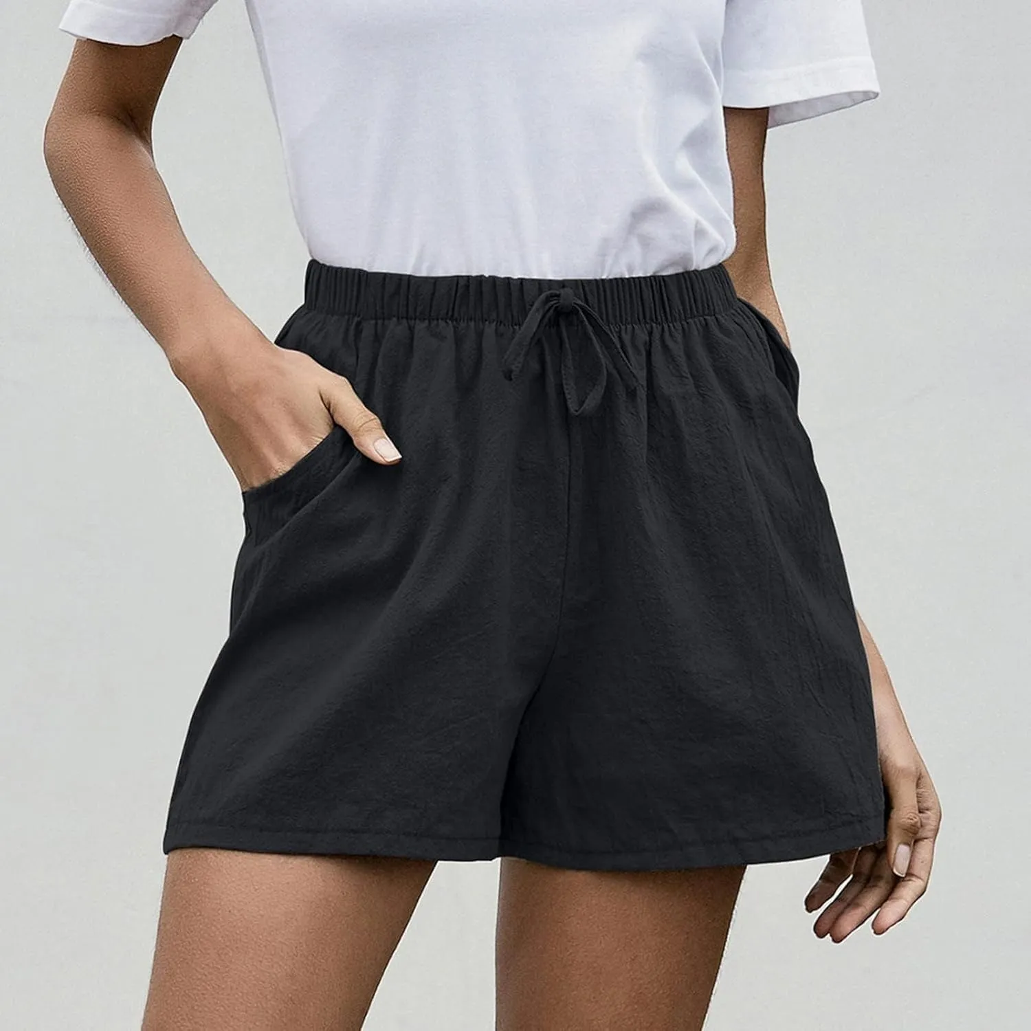 DASAYO Linen Shorts for Women Summer Drawstring Elastic High Waisted Short with Pockets Solid Color Lightweight Beach Pants