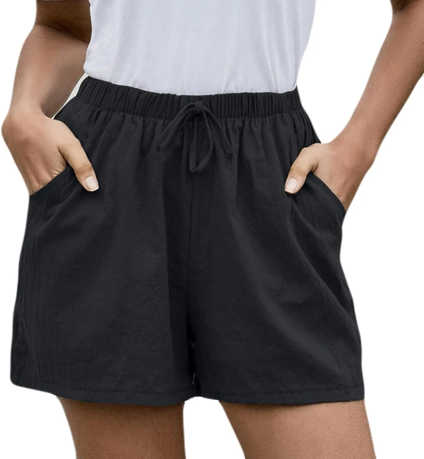 DASAYO Linen Shorts for Women Summer Drawstring Elastic High Waisted Short with Pockets Solid Color Lightweight Beach Pants