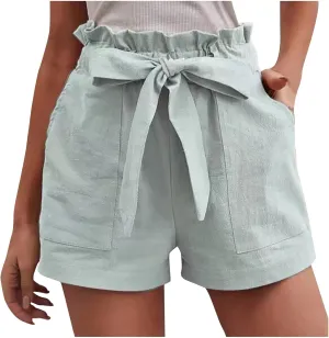 DASAYO Women Cotton Linen Summer Shorts Ruffle Adjustable Bowknot High-Waisted Solid Color Casual Short with Pockets