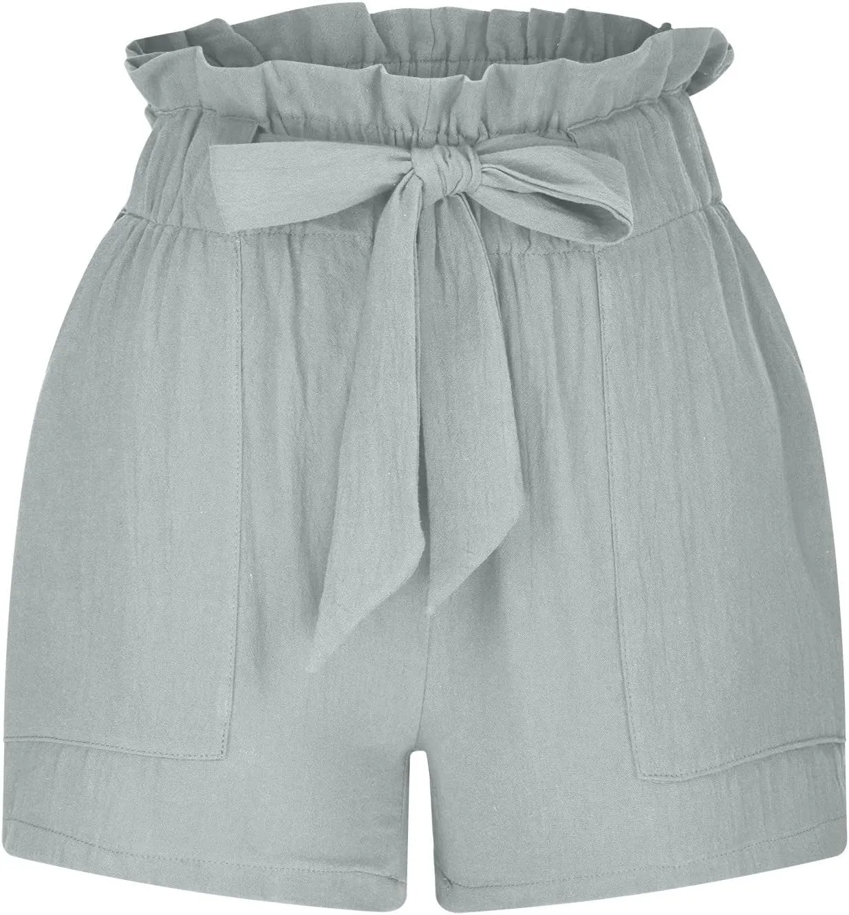 DASAYO Women Cotton Linen Summer Shorts Ruffle Adjustable Bowknot High-Waisted Solid Color Casual Short with Pockets