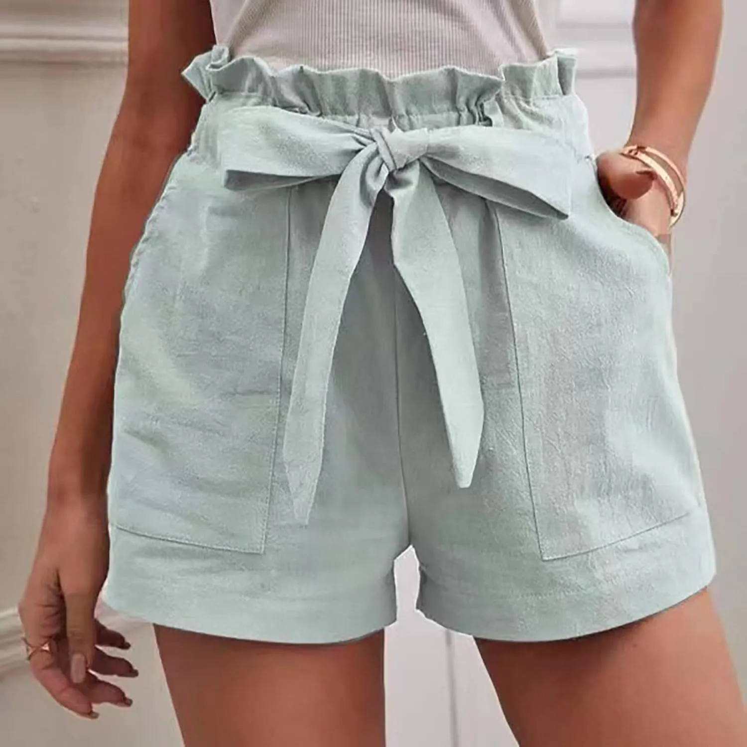 DASAYO Women Cotton Linen Summer Shorts Ruffle Adjustable Bowknot High-Waisted Solid Color Casual Short with Pockets