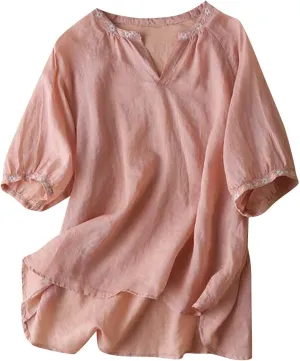 Embroidery Trim T-Shirts Women Cotton Linen Half Sleeve V Neck Tunic Tops Summer Casual Lightweight Vintage Blouses