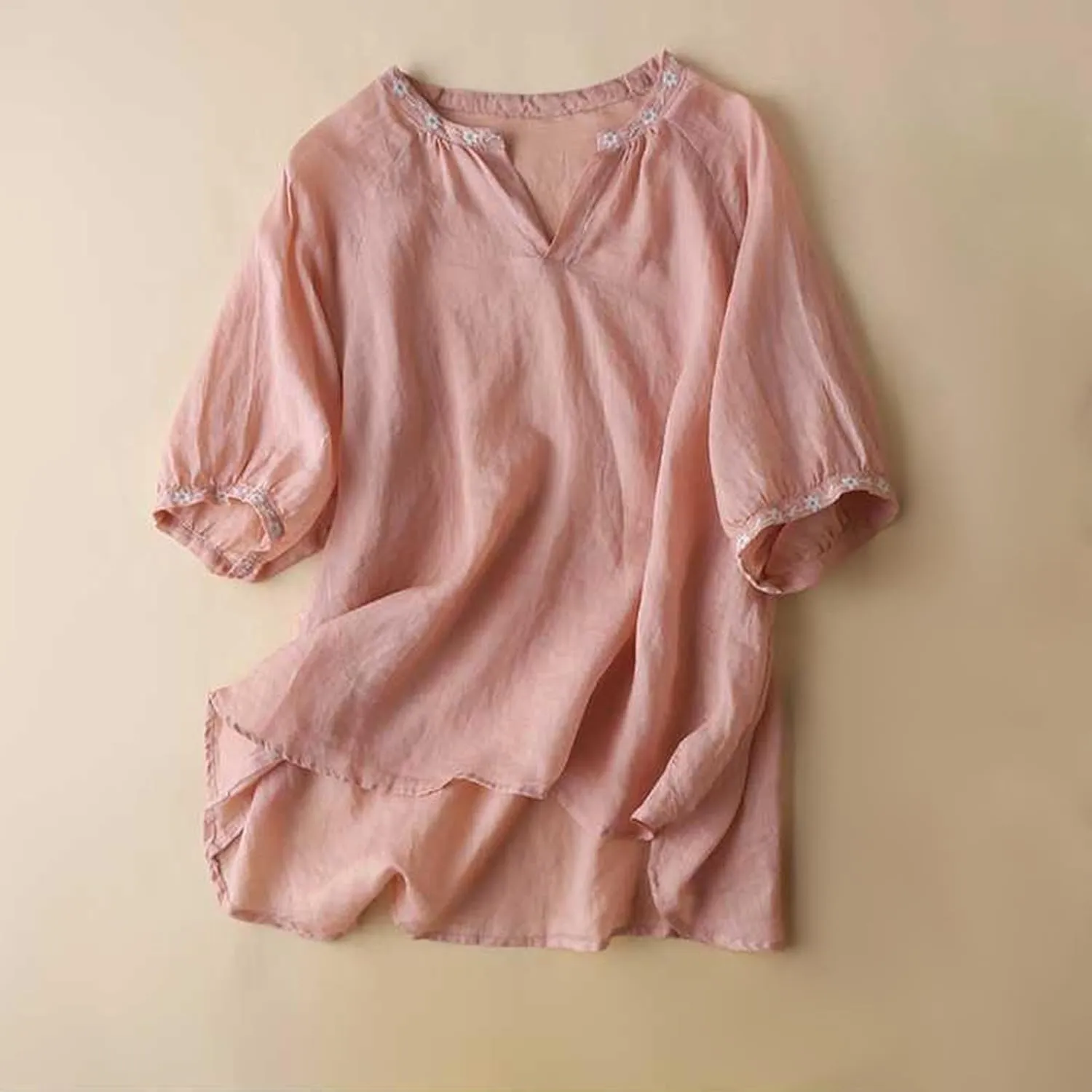 Embroidery Trim T-Shirts Women Cotton Linen Half Sleeve V Neck Tunic Tops Summer Casual Lightweight Vintage Blouses