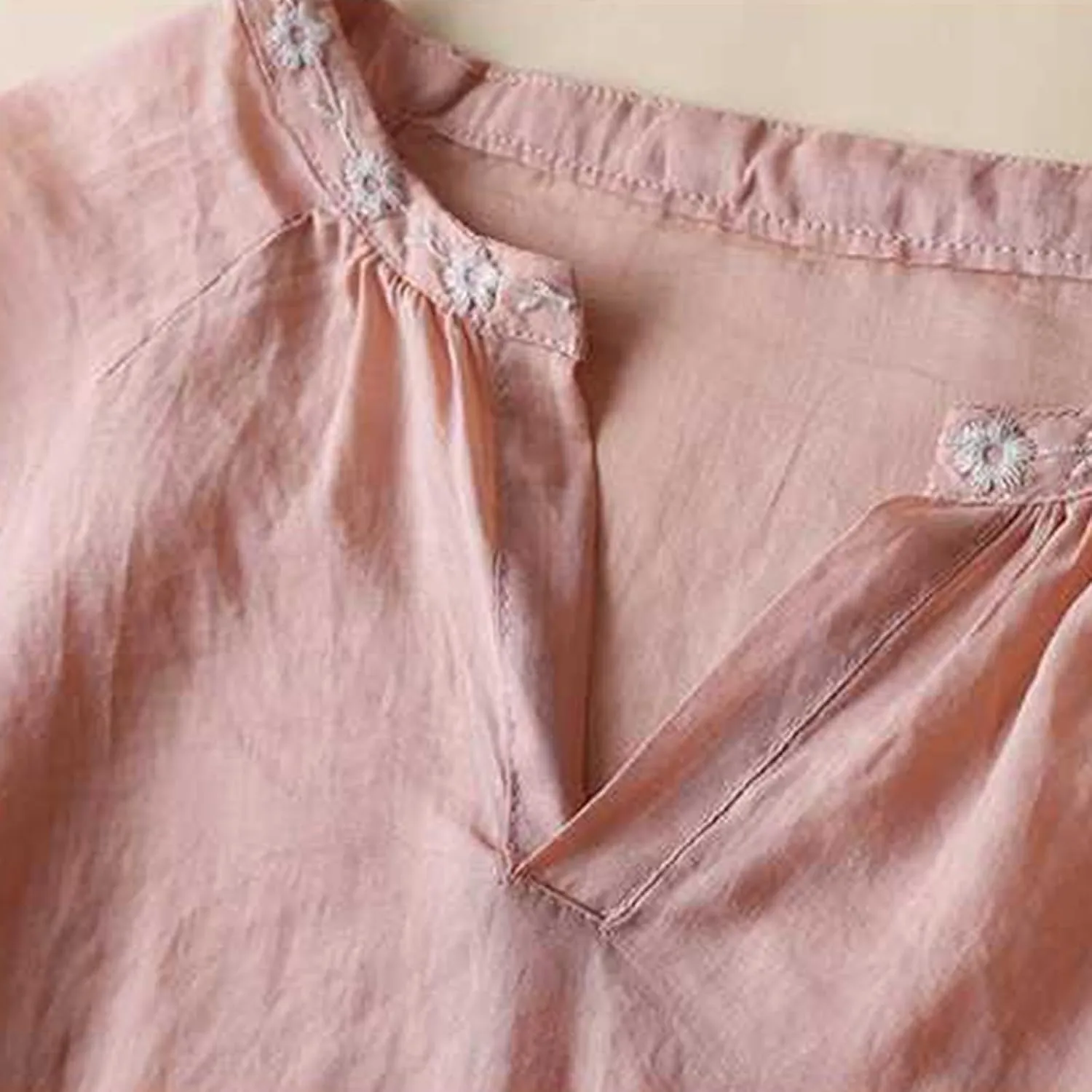 Embroidery Trim T-Shirts Women Cotton Linen Half Sleeve V Neck Tunic Tops Summer Casual Lightweight Vintage Blouses