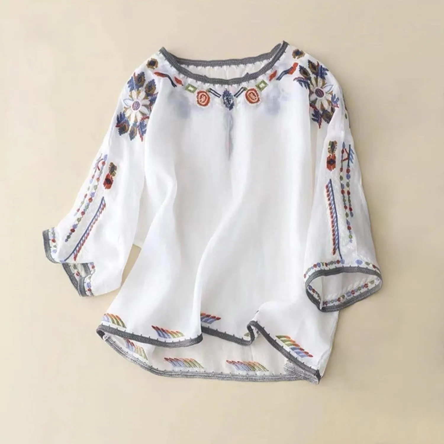 Ethnic Style Embroidery T-Shirts Women 3/4 Sleeve Vintage Pullover Tops Cotton Linen Lightweight Casual Loose Blouse