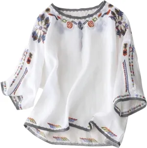 Ethnic Style Embroidery T-Shirts Women 3/4 Sleeve Vintage Pullover Tops Cotton Linen Lightweight Casual Loose Blouse