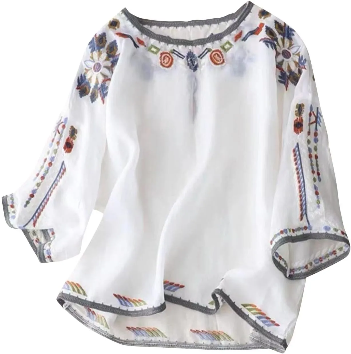 Ethnic Style Embroidery T-Shirts Women 3/4 Sleeve Vintage Pullover Tops Cotton Linen Lightweight Casual Loose Blouse