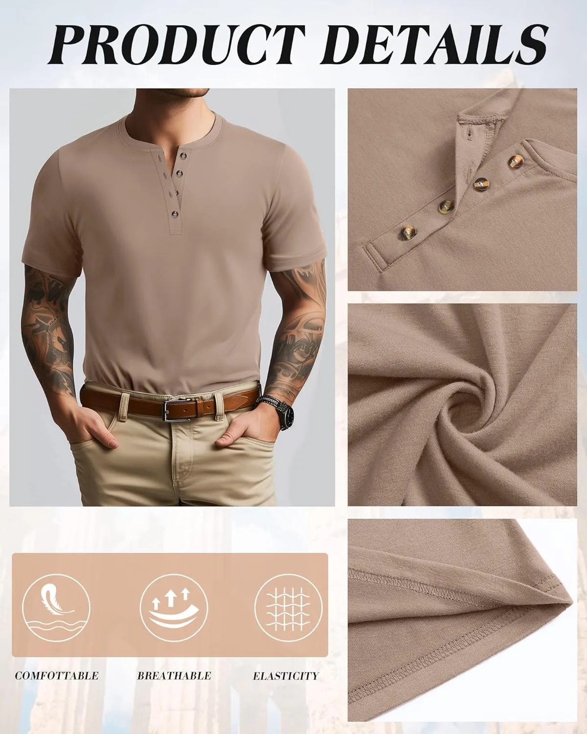 Ficerd 3 Pack Men's Henley T-Shirts Cotton Short Sleeve Casual Basic Tees Summer Loose Fit Oversized Solid Tops