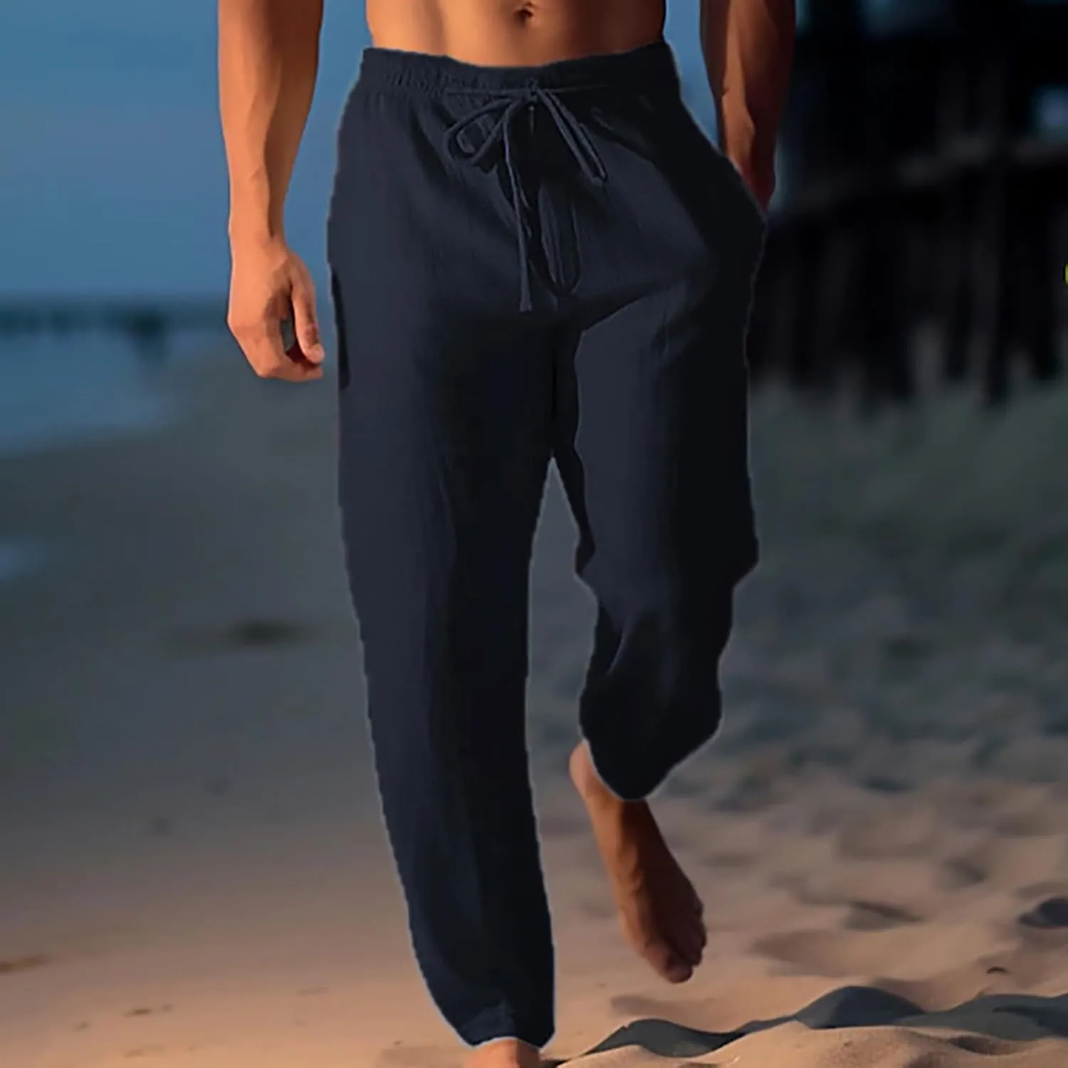 Finelylove Mens Linen Pants Casual Beach Yoga Pants Loose Fit Elastic Waist Straight Leg Solid Trousers with Pockets