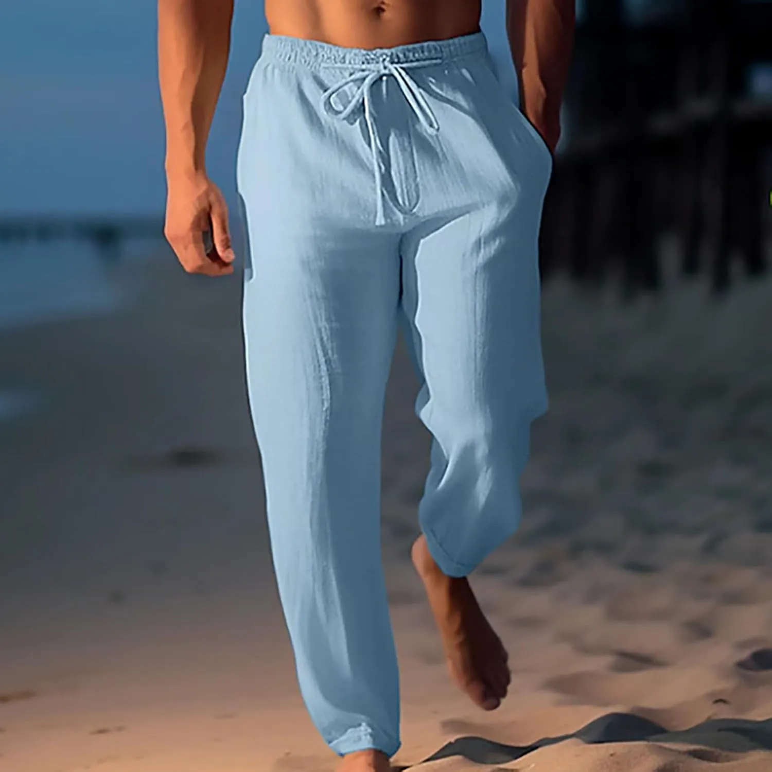 Finelylove Mens Linen Pants Casual Beach Yoga Pants Loose Fit Elastic Waist Straight Leg Solid Trousers with Pockets