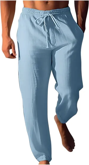 Finelylove Mens Linen Pants Casual Beach Yoga Pants Loose Fit Elastic Waist Straight Leg Solid Trousers with Pockets
