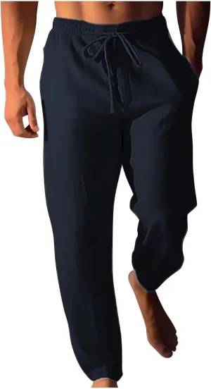 Finelylove Mens Linen Pants Casual Beach Yoga Pants Loose Fit Elastic Waist Straight Leg Solid Trousers with Pockets