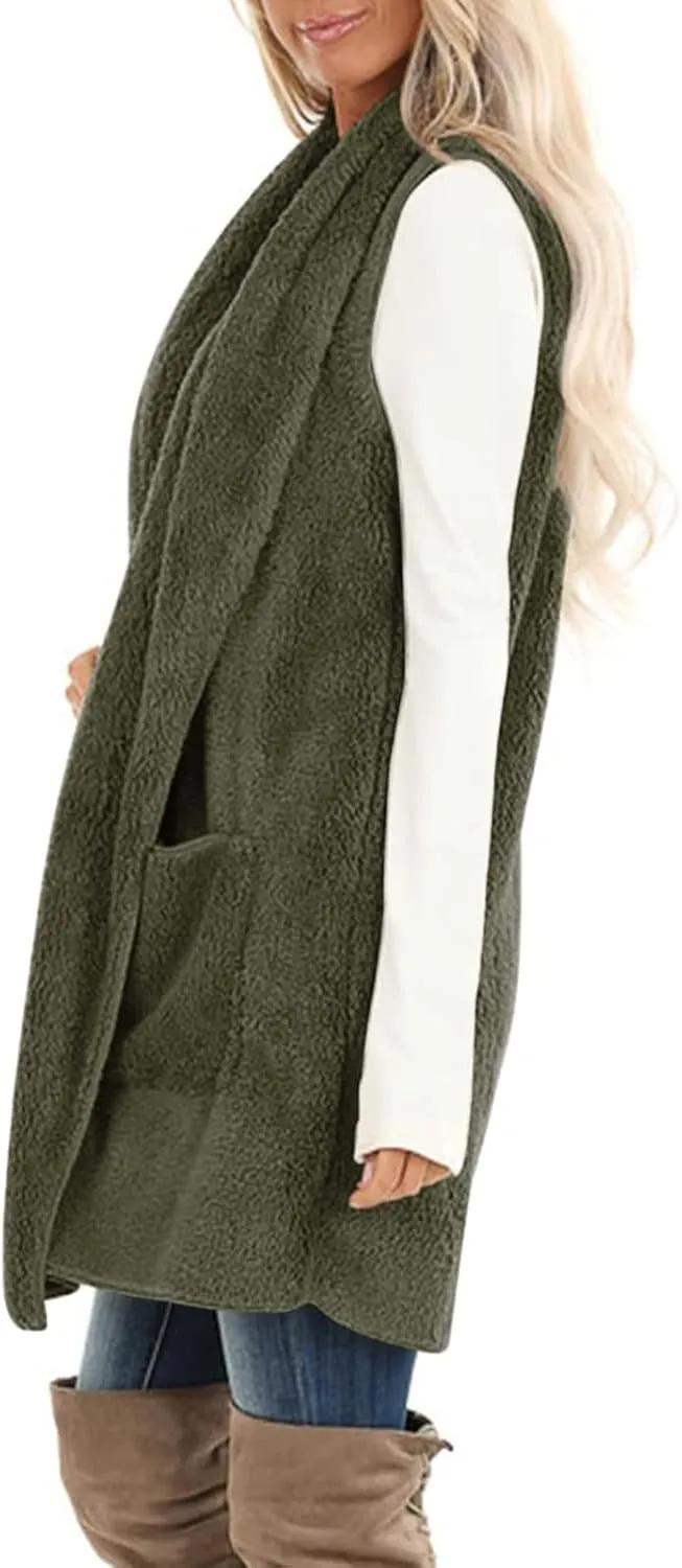 Fleece Vest Women Sherpa Vest Sweater Vests Open Front Cardigan Fuzzy Jacket Winter Sleeveless Jackets with Pockets