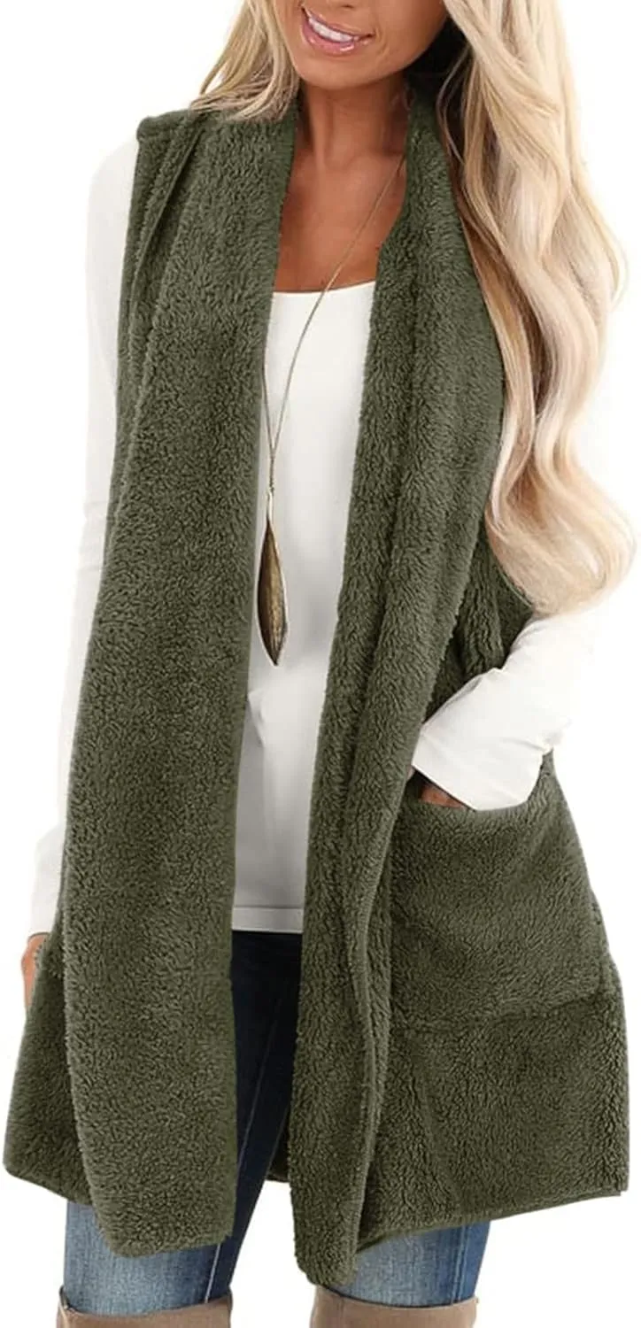 Fleece Vest Women Sherpa Vest Sweater Vests Open Front Cardigan Fuzzy Jacket Winter Sleeveless Jackets with Pockets