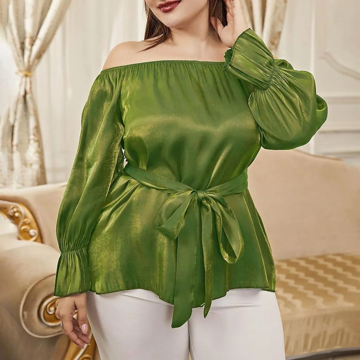 HGps8w Plus Size Off The Shoulder Peplum Blouse for Women 2025 Summer Tops Dressy Casual Long Sleeve Business Office Shirts