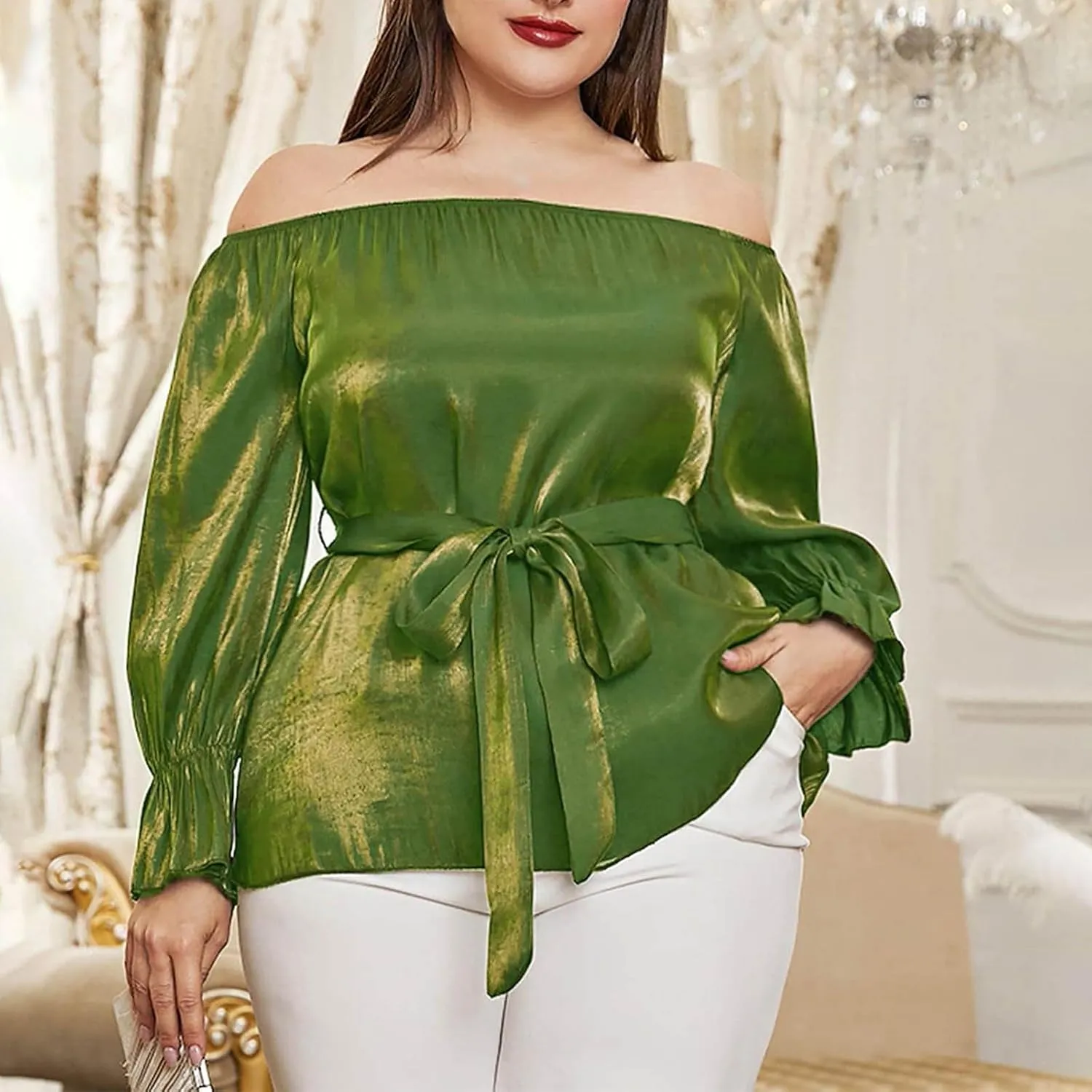 HGps8w Plus Size Off The Shoulder Peplum Blouse for Women 2025 Summer Tops Dressy Casual Long Sleeve Business Office Shirts