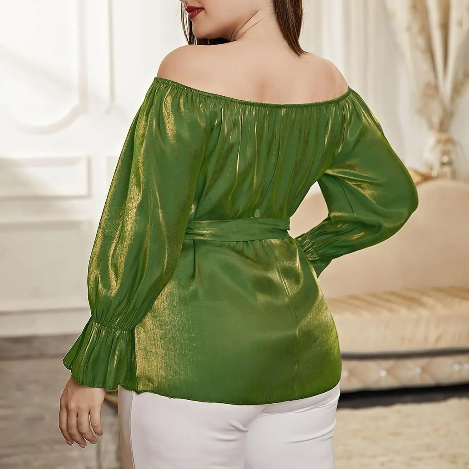 HGps8w Plus Size Off The Shoulder Peplum Blouse for Women 2025 Summer Tops Dressy Casual Long Sleeve Business Office Shirts
