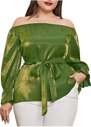 HGps8w Plus Size Off The Shoulder Peplum Blouse for Women 2025 Summer Tops Dressy Casual Long Sleeve Business Office Shirts