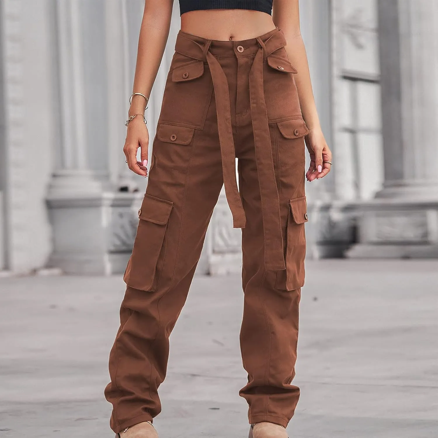 High Waist Cargo Jeans Pants Women Baggy Jogger Straight Leg Parachute Pants Hiking Tactical Military Long Trousers