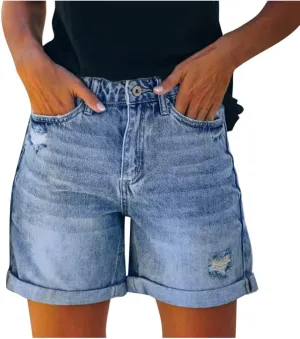hlysgo Denim Shorts Women 2025 Summer Trendy Raw Hem Jean Short High Waisted Distressed Ripped Shorts Jeans with Pockets