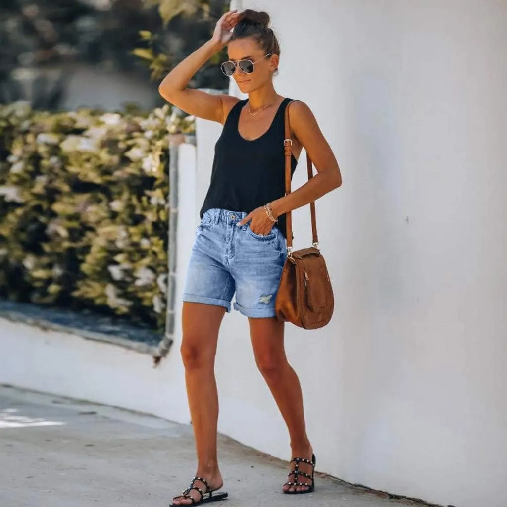 hlysgo Denim Shorts Women 2025 Summer Trendy Raw Hem Jean Short High Waisted Distressed Ripped Shorts Jeans with Pockets