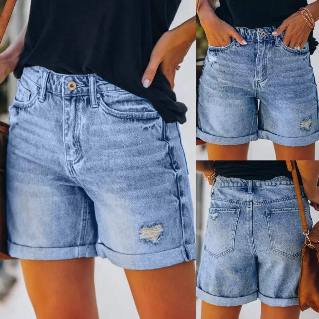 hlysgo Denim Shorts Women 2025 Summer Trendy Raw Hem Jean Short High Waisted Distressed Ripped Shorts Jeans with Pockets