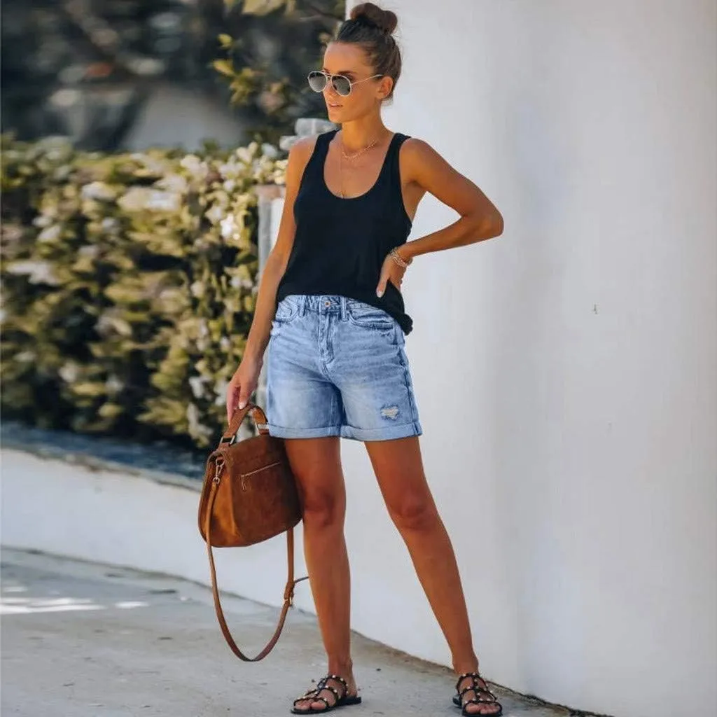 hlysgo Denim Shorts Women 2025 Summer Trendy Raw Hem Jean Short High Waisted Distressed Ripped Shorts Jeans with Pockets