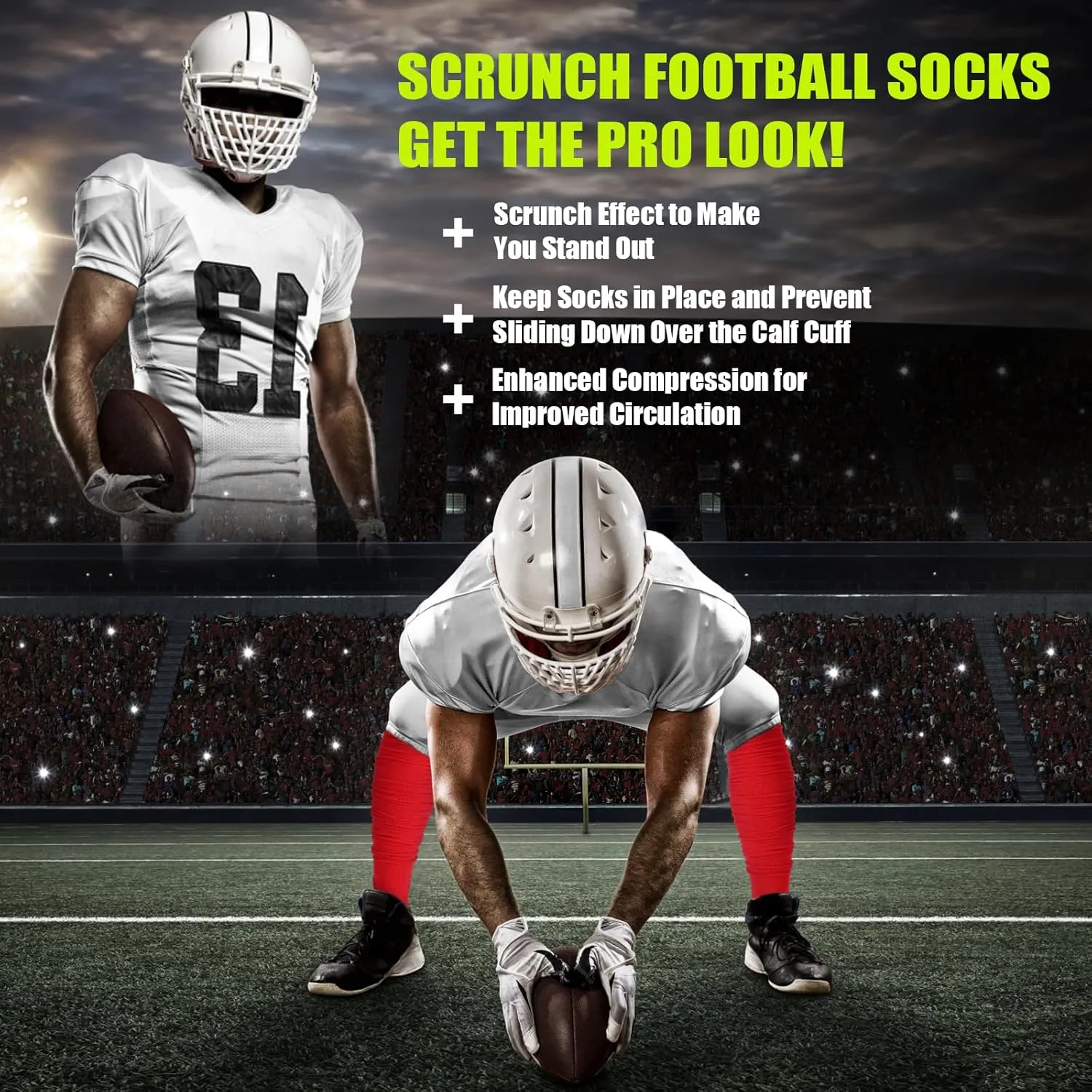 Hotfiary Scrunch Socks Football 2 Pairs Extra Long Padded Mens Youth Boys Soccer Socks Athletic Team Sports Baseball Socks