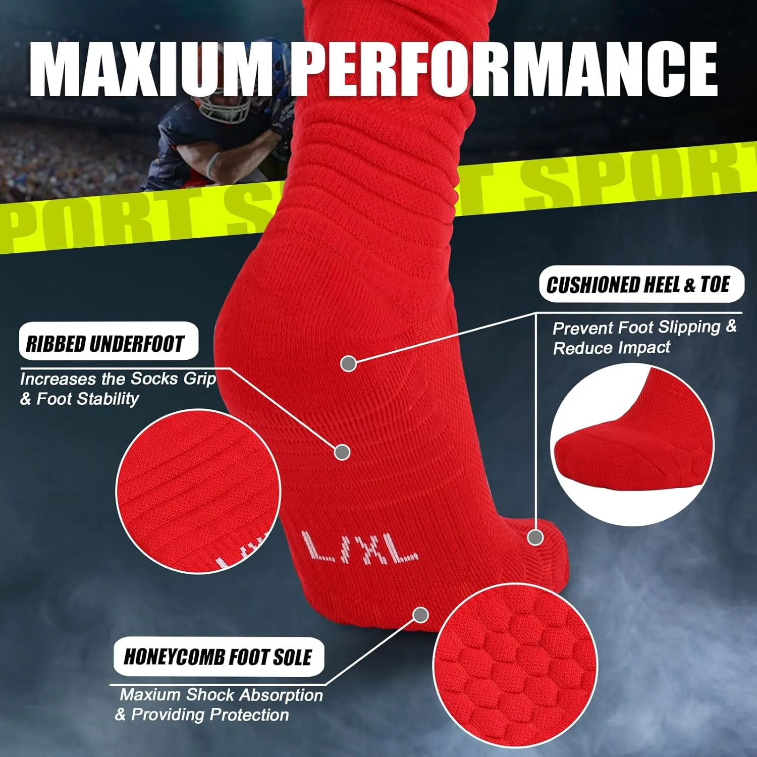 Hotfiary Scrunch Socks Football 2 Pairs Extra Long Padded Mens Youth Boys Soccer Socks Athletic Team Sports Baseball Socks