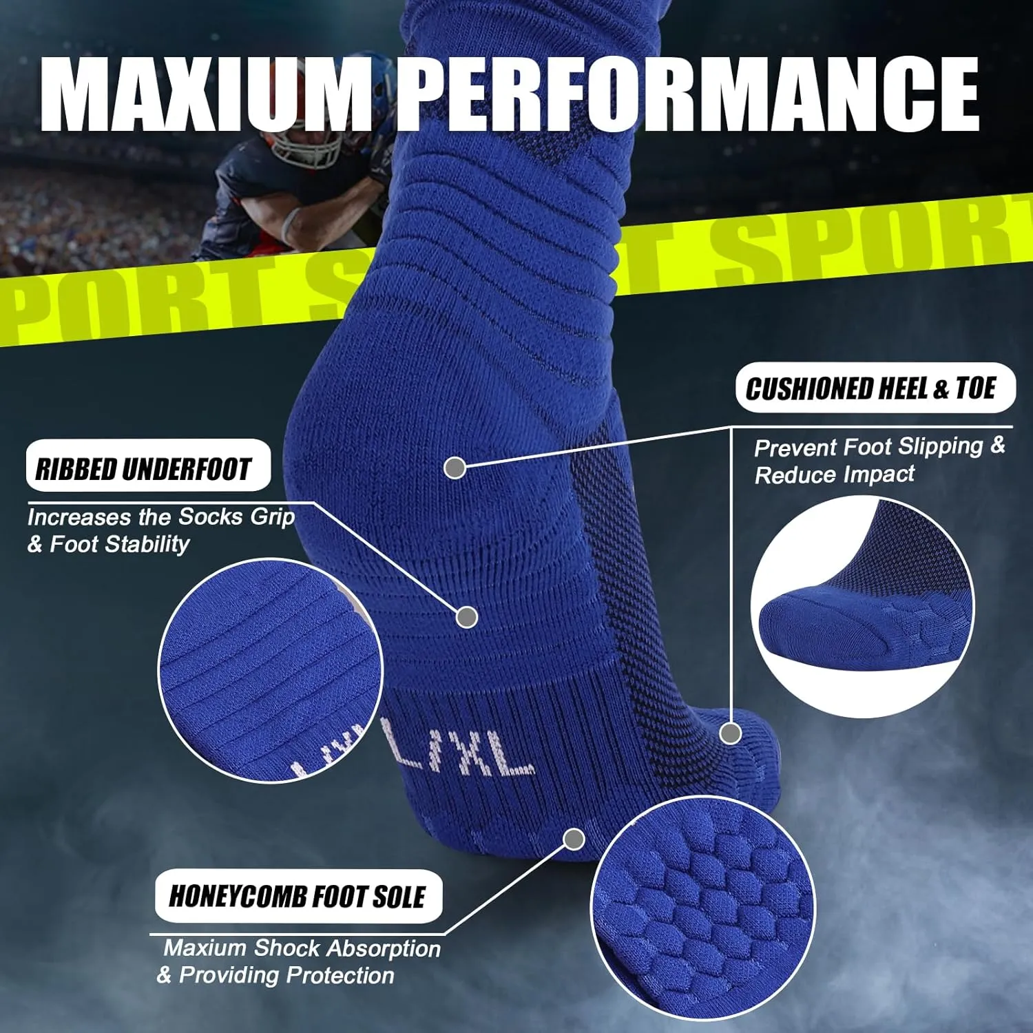 Hotfiary Scrunch Socks Football 2 Pairs Extra Long Padded Mens Youth Boys Soccer Socks Athletic Team Sports Baseball Socks