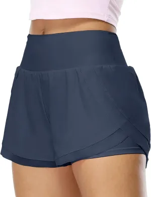icyzone Women's Athletic Shorts - UPF50  Gym Running Workout Shorts 2-in-1 Tummy Control Quick Dry