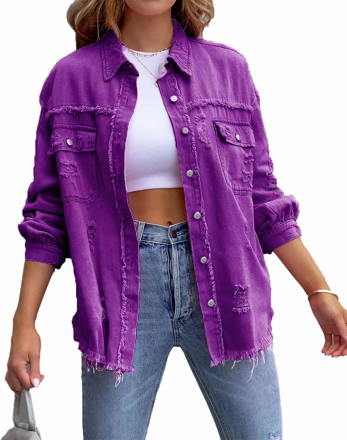Jean Jacket for Women fashion Denim Ripped Distressed Jacker for Womens Coat Long Sleeve