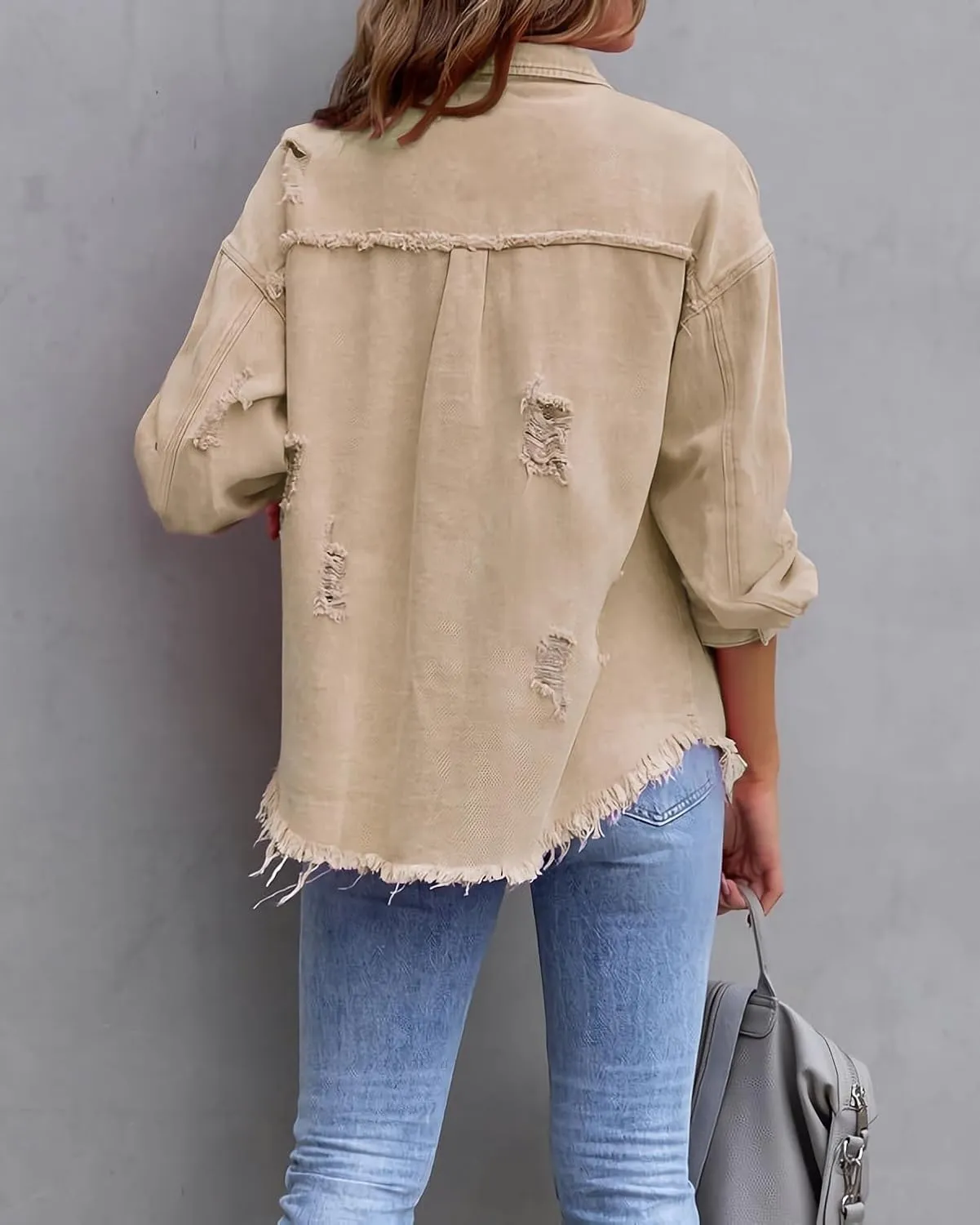 Jean Jacket for Women fashion Denim Ripped Distressed Jacker for Womens Coat Long Sleeve