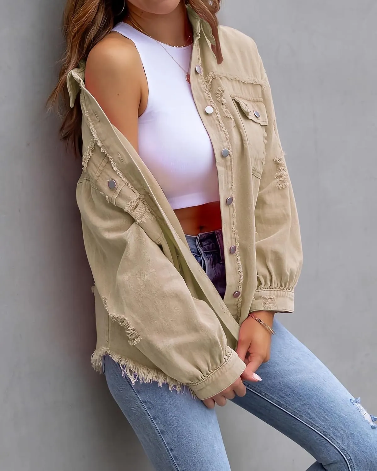 Jean Jacket for Women fashion Denim Ripped Distressed Jacker for Womens Coat Long Sleeve