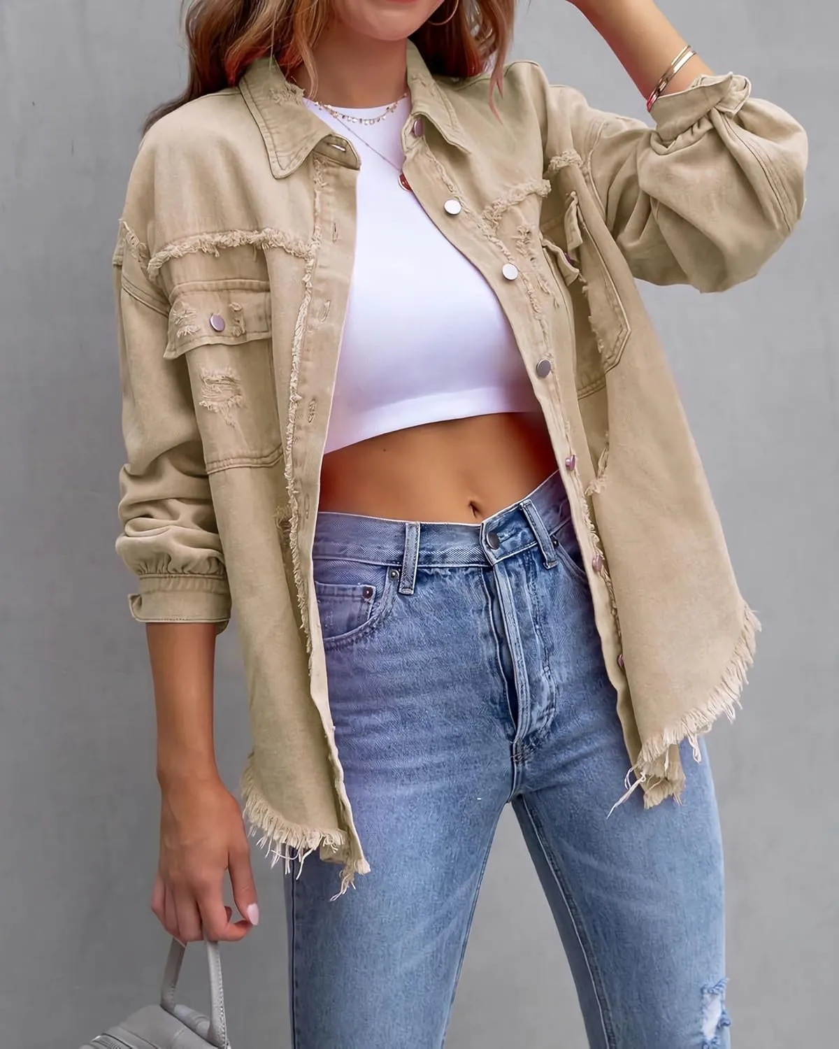 Jean Jacket for Women fashion Denim Ripped Distressed Jacker for Womens Coat Long Sleeve