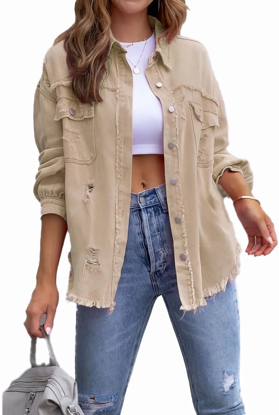Jean Jacket for Women fashion Denim Ripped Distressed Jacker for Womens Coat Long Sleeve