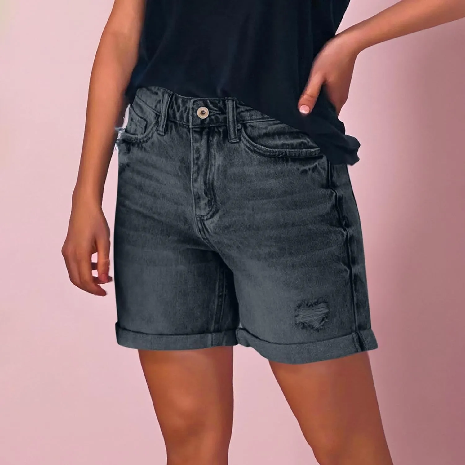 Jean Shorts Womens 2025 Trendy Solid Color Elastic Waist Denim Short Ripped Distressed Folded Hem Jorts with Pockets