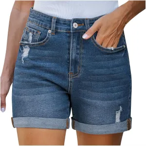 Jean Shorts Womens 2025 Trendy Solid Color Elastic Waist Denim Short Ripped Distressed Folded Hem Jorts with Pockets