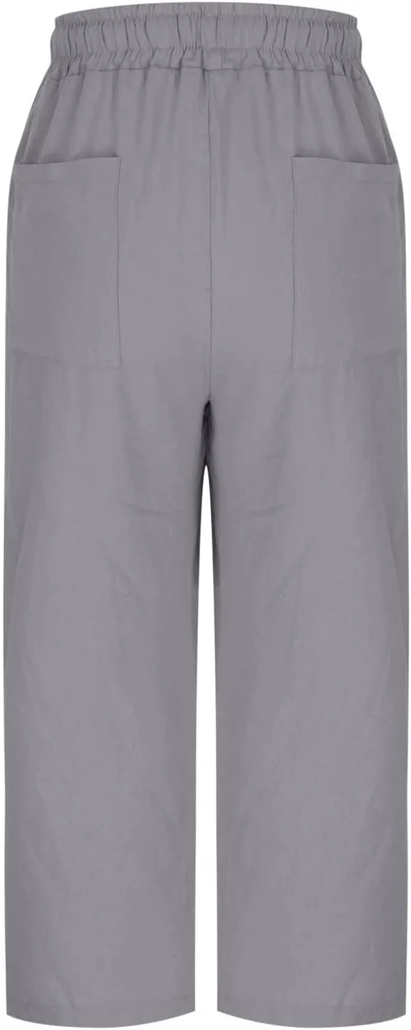 JOAU Capris Pants for Women 2025 Cotton Linen Casual Summer Straight Wide Leg Loose Drawstring Elastic Waist Cropped Trouser