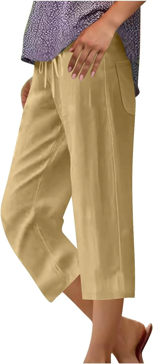 JOAU Capris Pants for Women 2025 Cotton Linen Casual Summer Straight Wide Leg Loose Drawstring Elastic Waist Cropped Trouser
