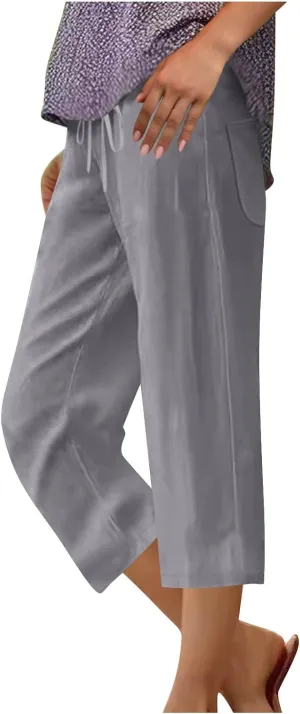 JOAU Capris Pants for Women 2025 Cotton Linen Casual Summer Straight Wide Leg Loose Drawstring Elastic Waist Cropped Trouser