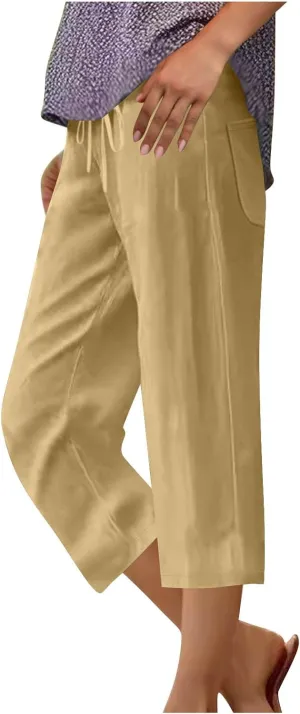 JOAU Capris Pants for Women 2025 Cotton Linen Casual Summer Straight Wide Leg Loose Drawstring Elastic Waist Cropped Trouser